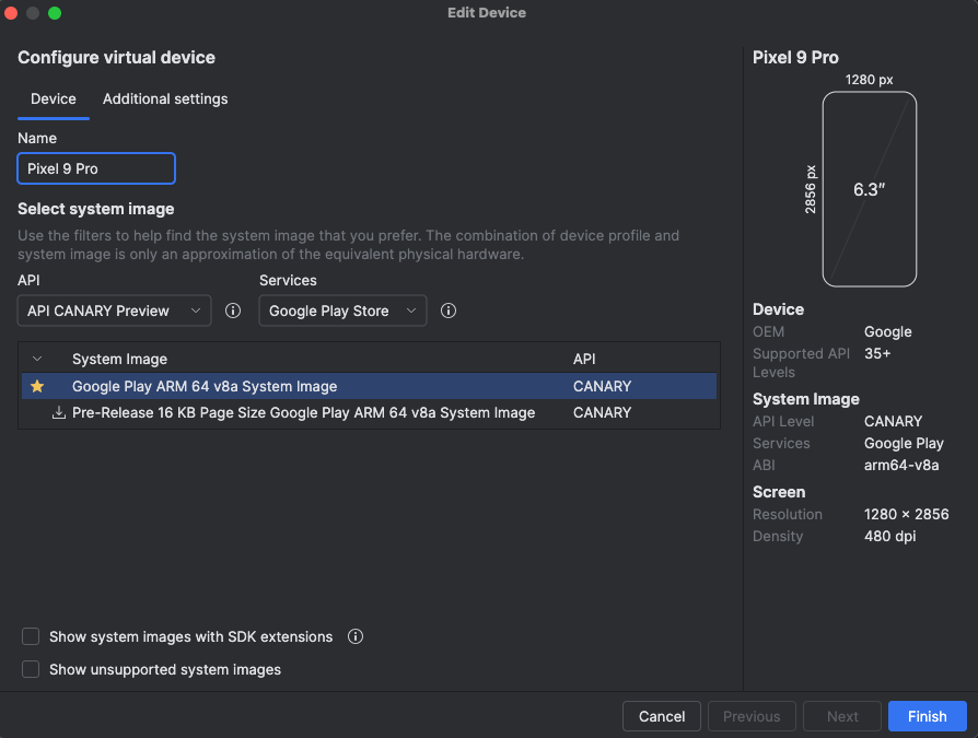 手機主機裝置的 AVD 系統映像檔設定。