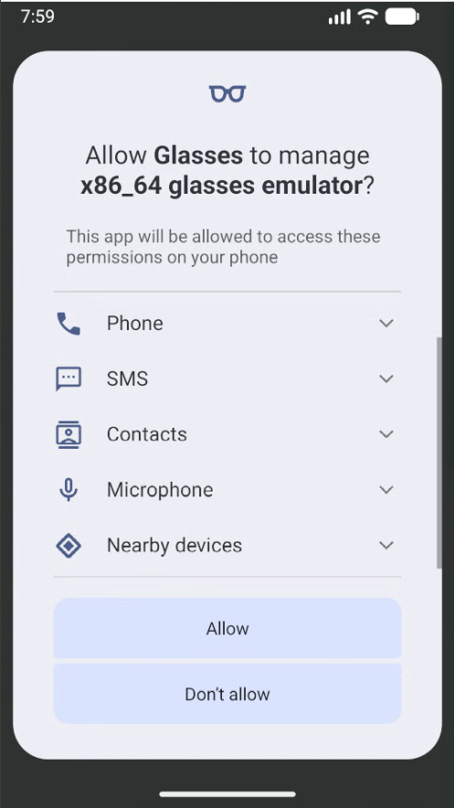 La richiesta di associazione per l&#39;app Glasses.