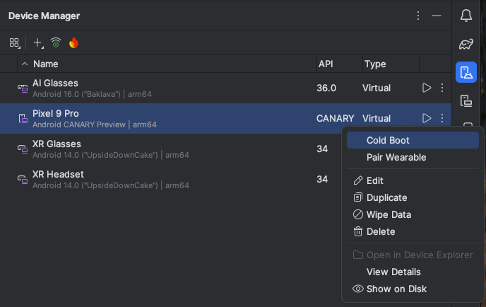 Klik "Cold Boot" untuk memulai emulator ponsel dengan cold boot.