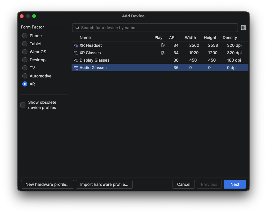 O painel do Gerenciador de dispositivos no Android Studio.