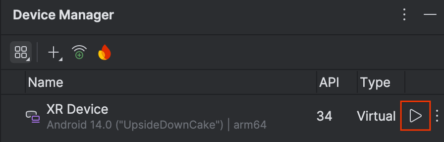 Écran du gestionnaire d'appareils Android Studio