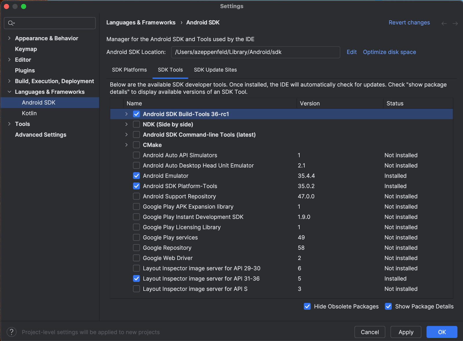 Android Studio 的 SDK 畫面