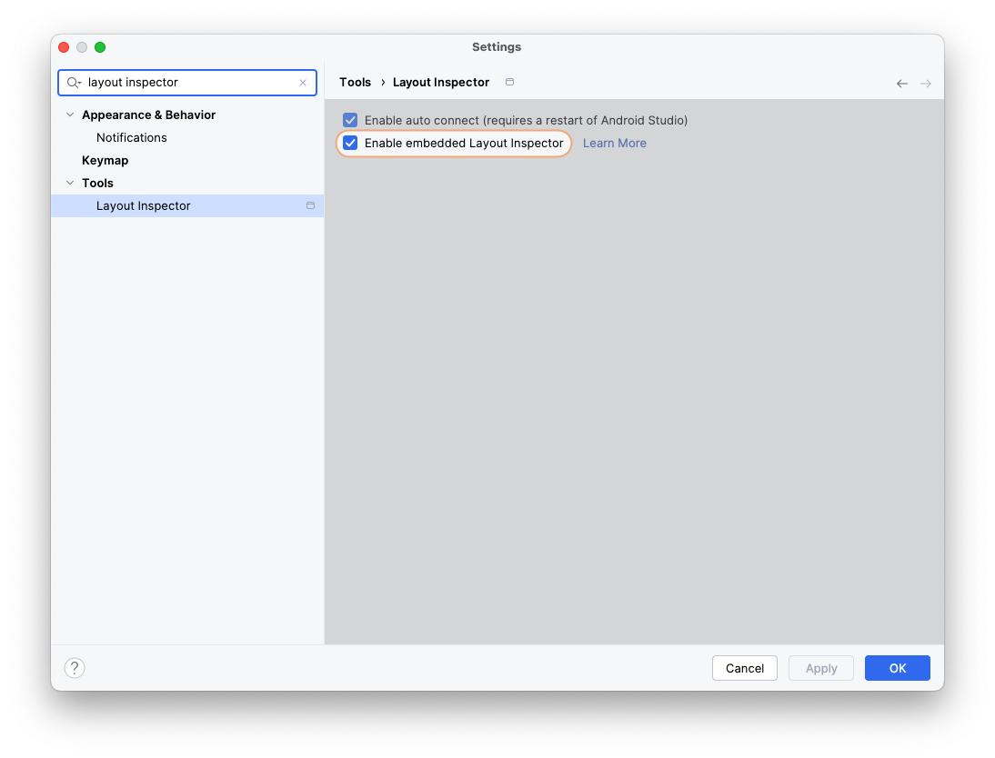 Настройки инспектора макетов Android Studio