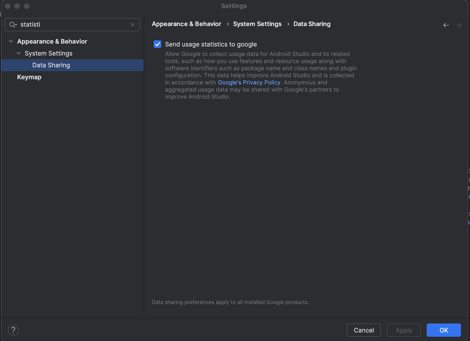 Android studio settings page