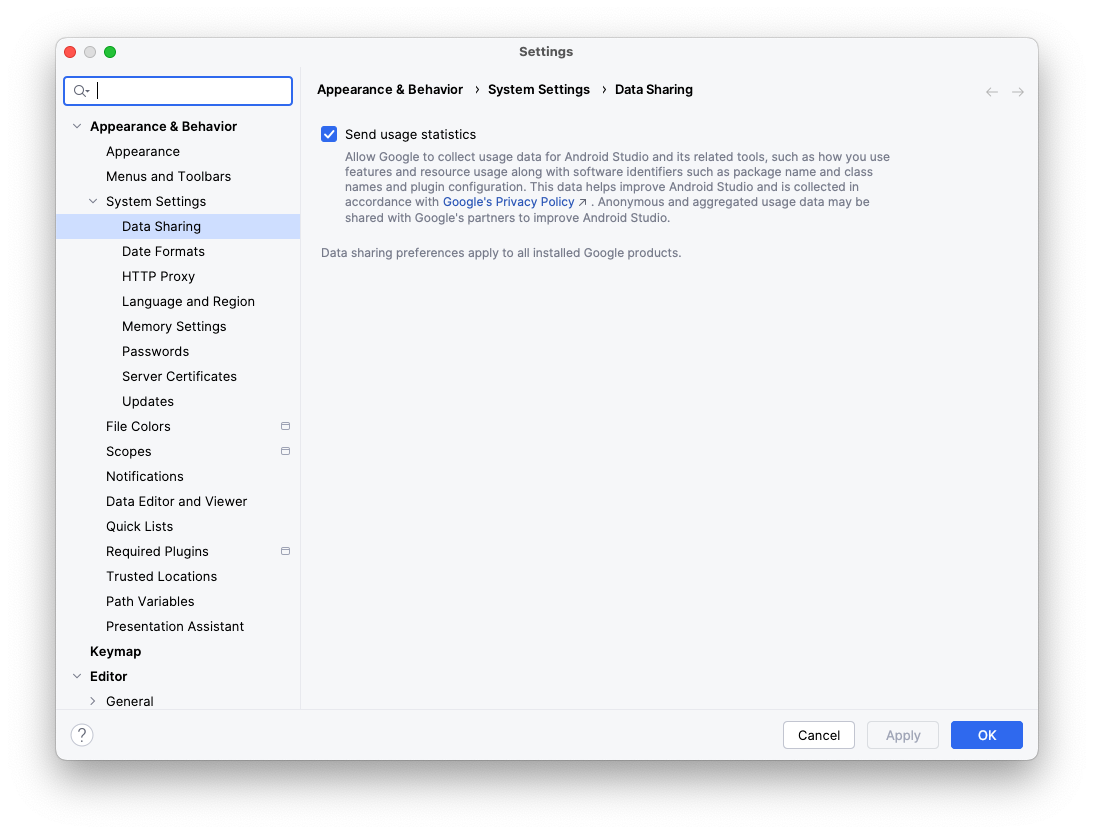 Ustawienia udostępniania danych w Android Studio