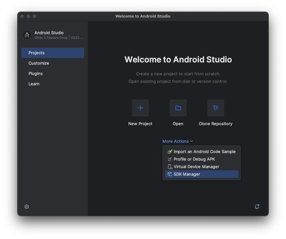 Android Studio की वेलकम स्क्रीन