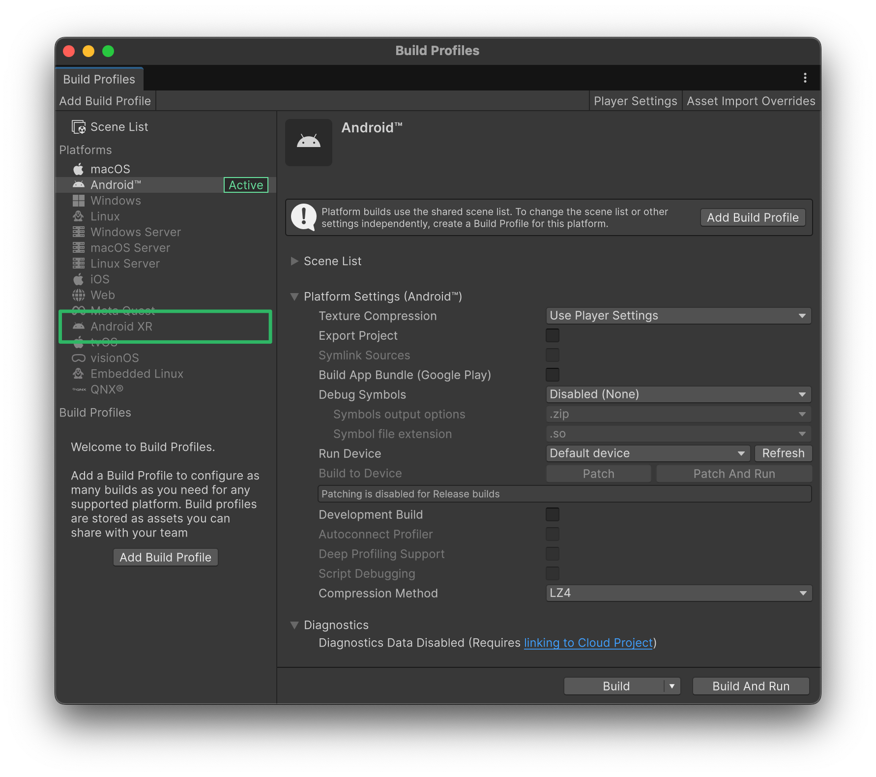 Chọn hồ sơ bản dựng Android XR trong phần cài đặt của Unity.