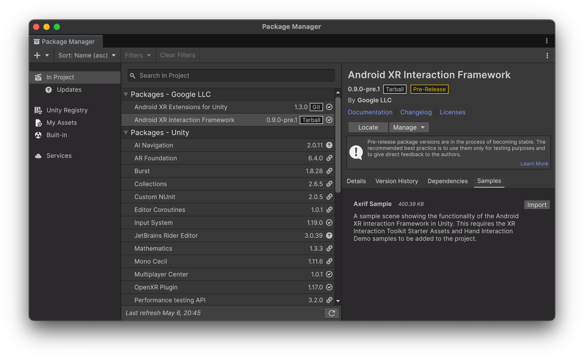 Impor contoh AXRIF di pengelola paket Unity.