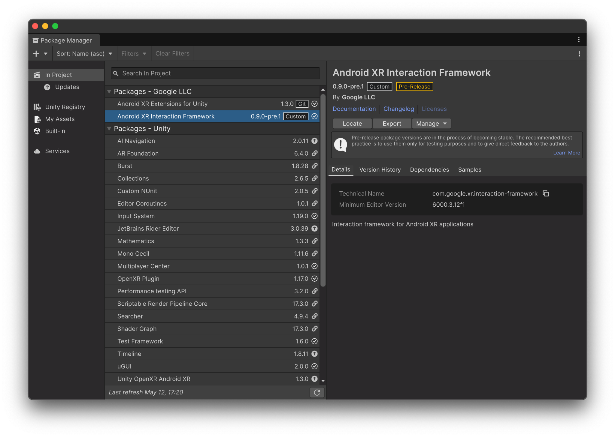 Detalles del paquete de AXRIF en Unity Package Manager.