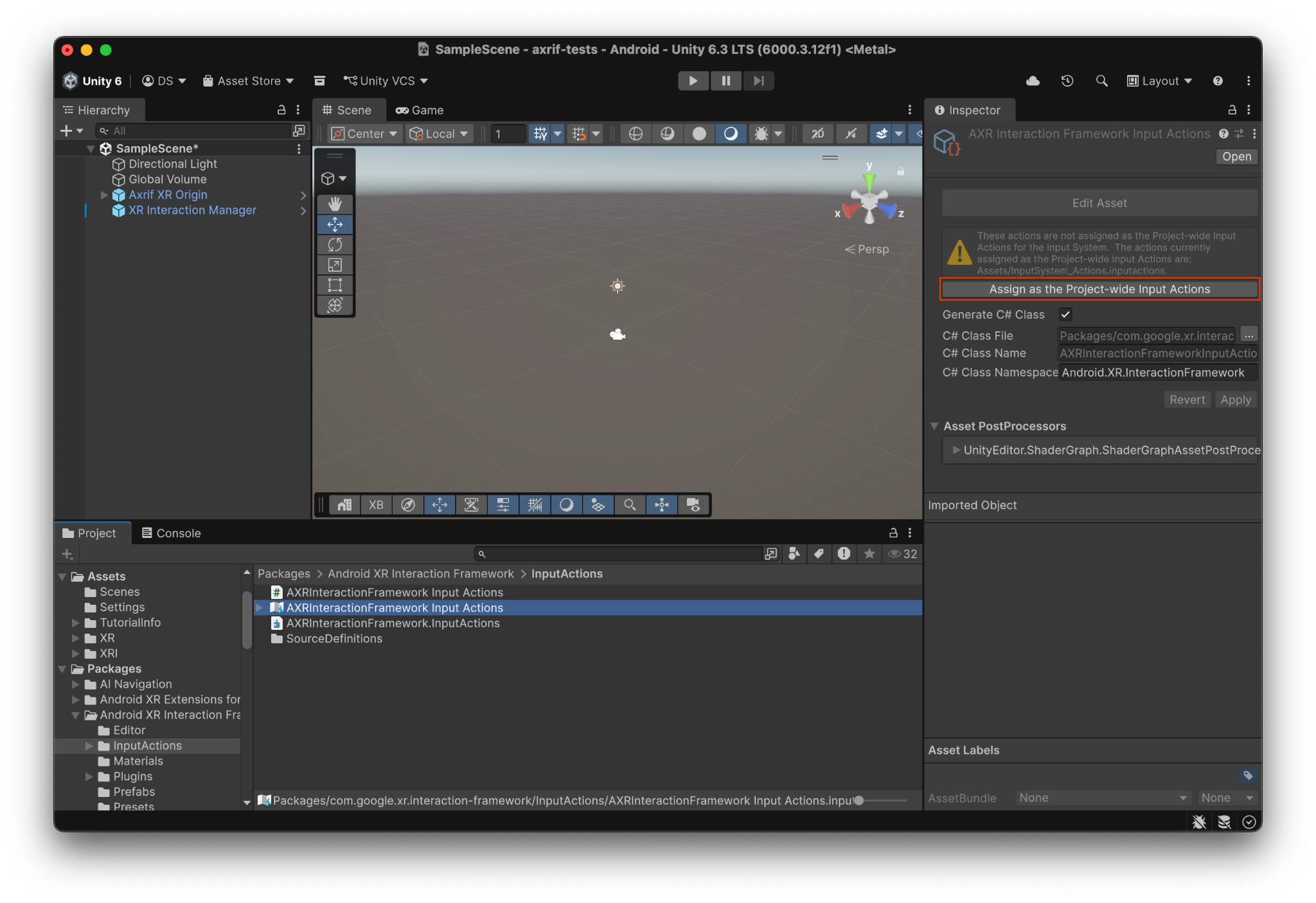 Configura las acciones de entrada para que Unity conecte los datos de tiempo de ejecución con las acciones de entrada de Unity.