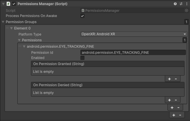 Configuración de Unity para grupos de permisos con el permiso android.permission.EYE_TRACKING_FINE solicitado
