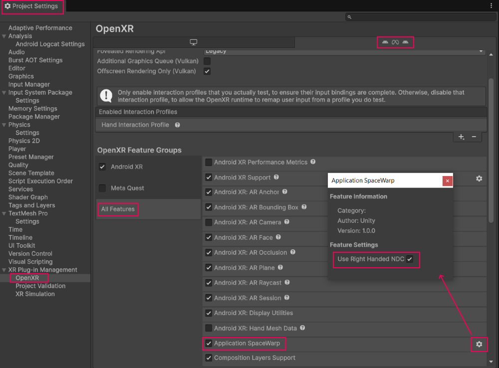 Unity settings for spacewarp
