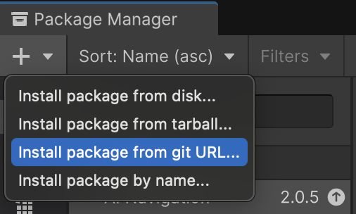 Ví dụ về nút Install package from git URL (Cài đặt gói từ URL git) trong giao diện người dùng