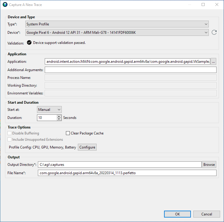 Capture A New Trace dialog