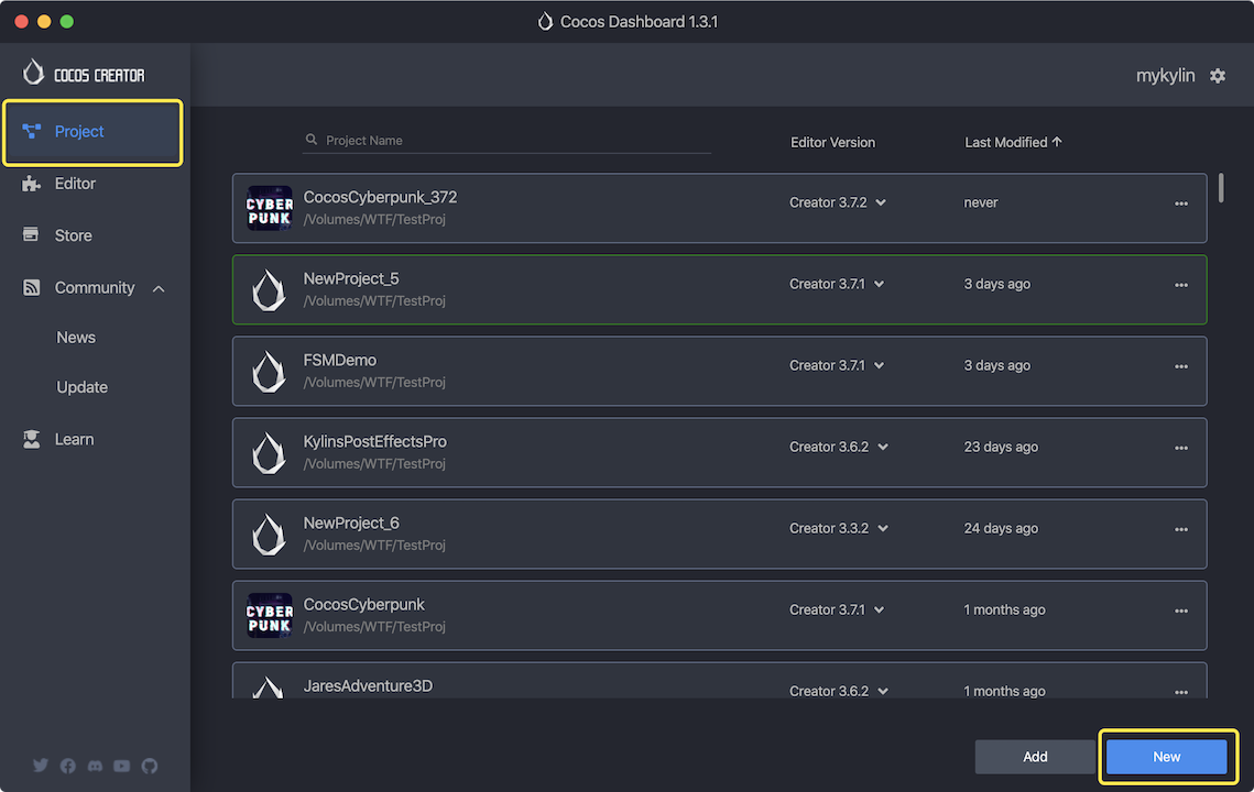 proyecto del panel de Cocos Creator