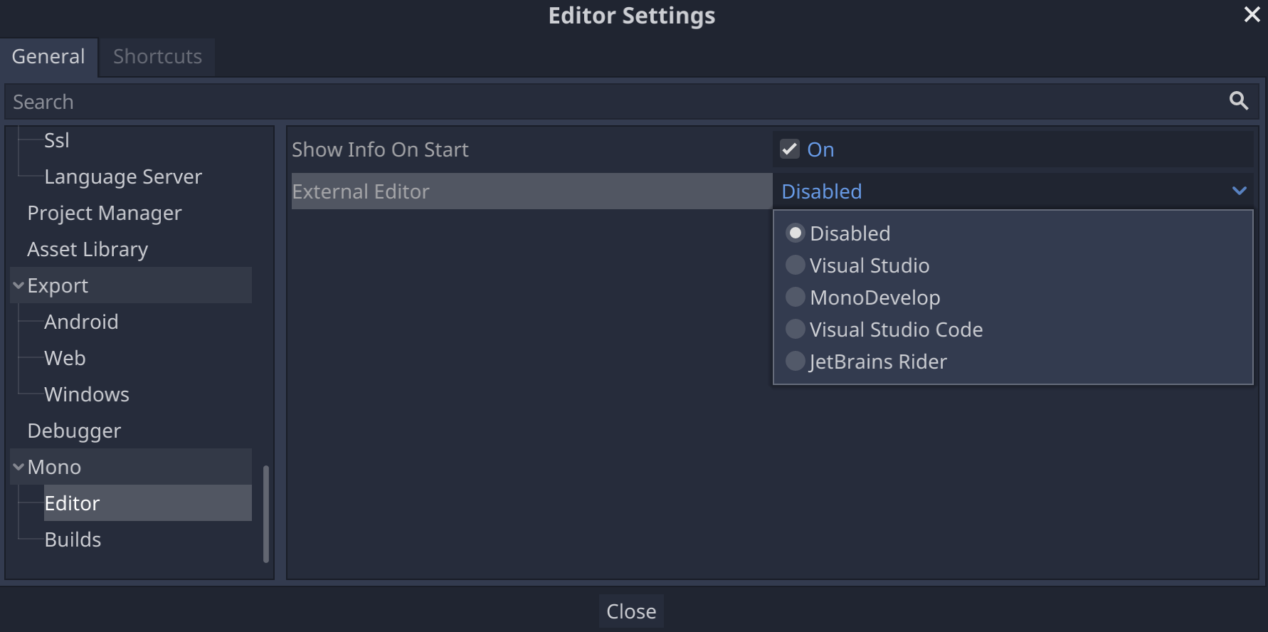 External editor setting in Godot editor settings