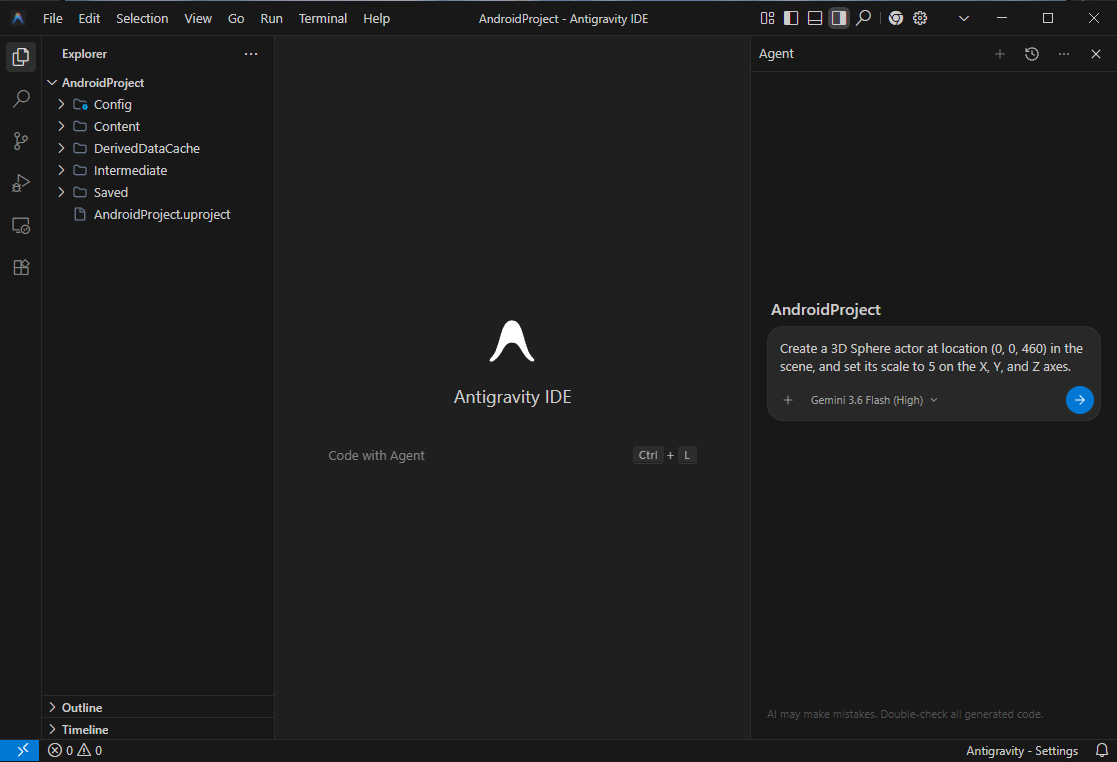 Antigravity IDE 代理窗口，其中包含用户提示，用于添加 3D 球体。