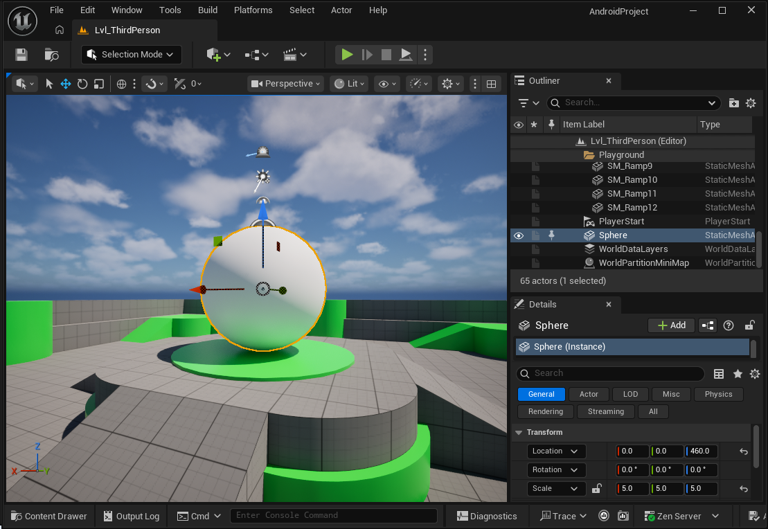 Unreal 编辑器显示已成功添加到场景中的 3D 球体。