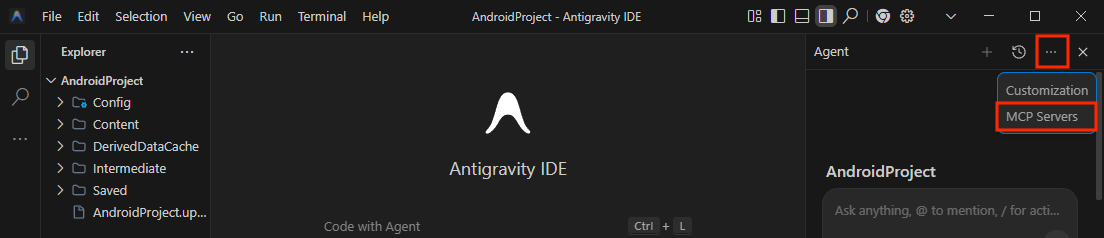 Antigravity IDE 智能体窗口，其中展开了三点状选项菜单，显示“MCP 服务器”作为其中一个菜单项。