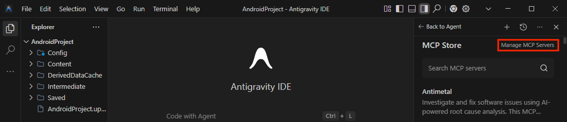 Antigravity IDE 菜单，显示了“管理 MCP 服务器”的路径。