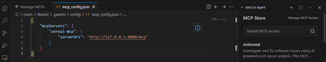 Antigravity IDE 文本编辑器，显示了 Unreal MCP 服务器的 JSON 配置。