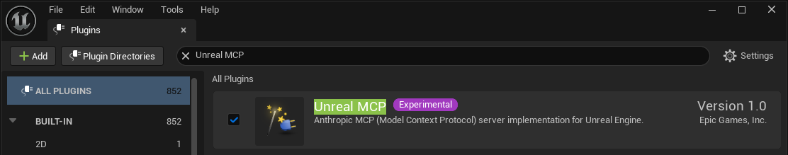 显示已启用 Unreal MCP 插件的“Unreal 编辑器插件”窗口。