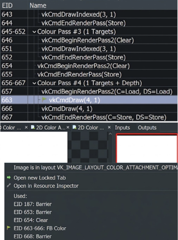 مرورگر رویداد RenderDoc و بازرس منابع، طرحبندی تصویر و رندرهای مرحلهای را تجزیه و تحلیل میکنند.