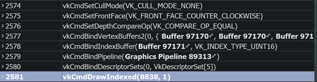 گزارش دستورات Vulkan که vkCmdSetCullMode را روی VK_CULL_MODE_NONE تنظیم شده است را نشان میدهد.