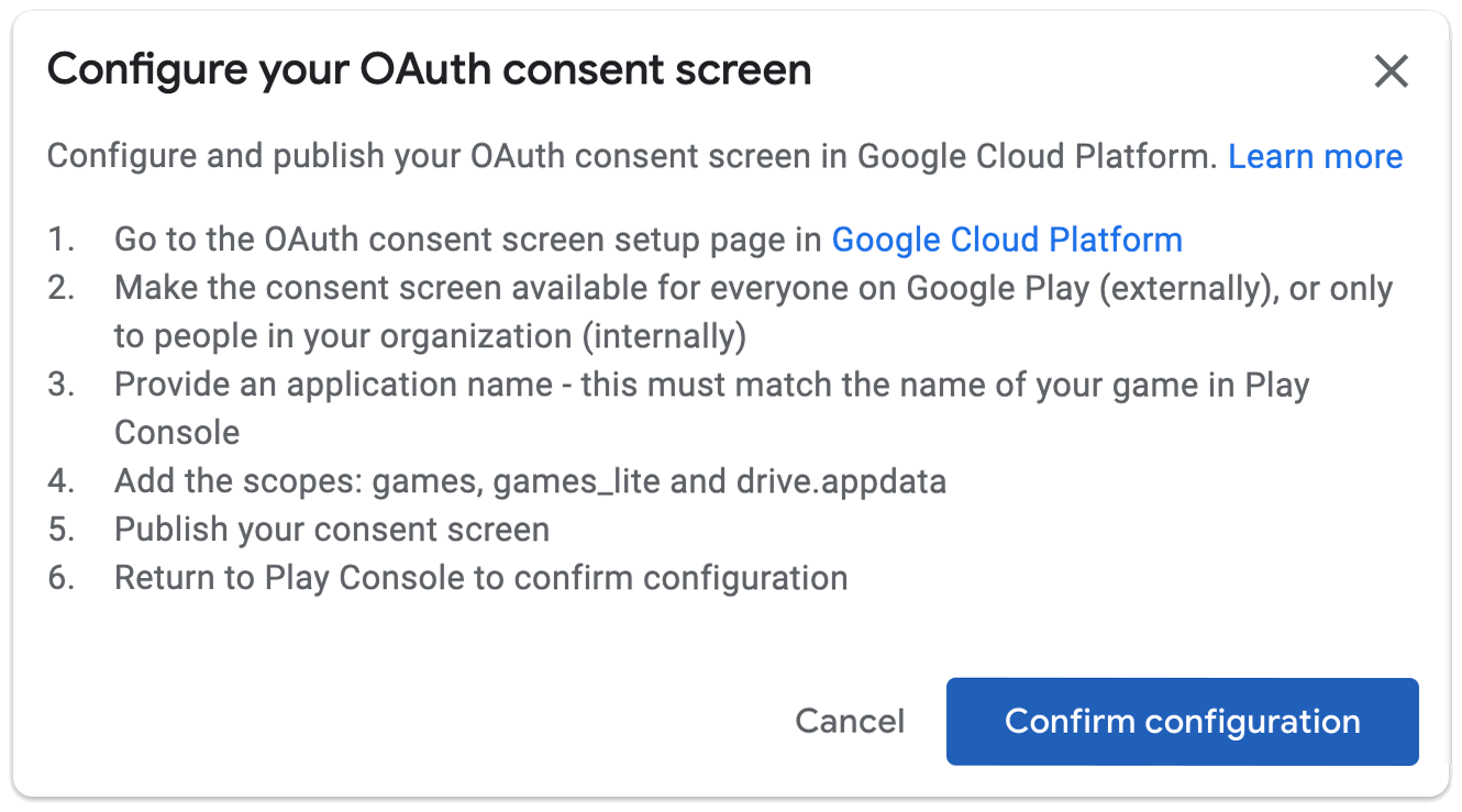 OAuth की सहमति वाली स्क्रीन को कॉन्फ़िगर करने के लिए प्रॉम्प्ट.