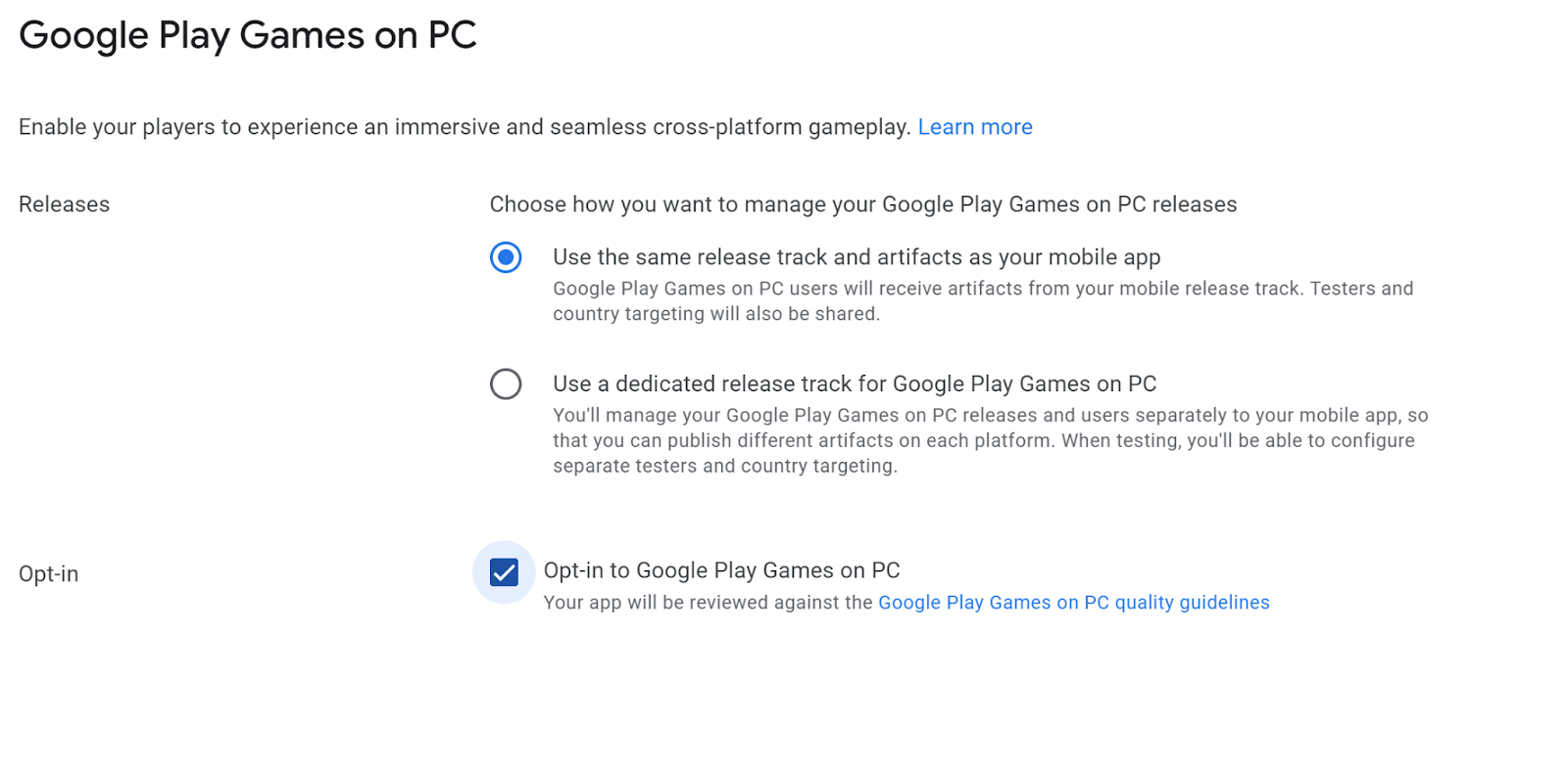 A screenshot of choice of whether use dedicated track for Google Play Games on PC