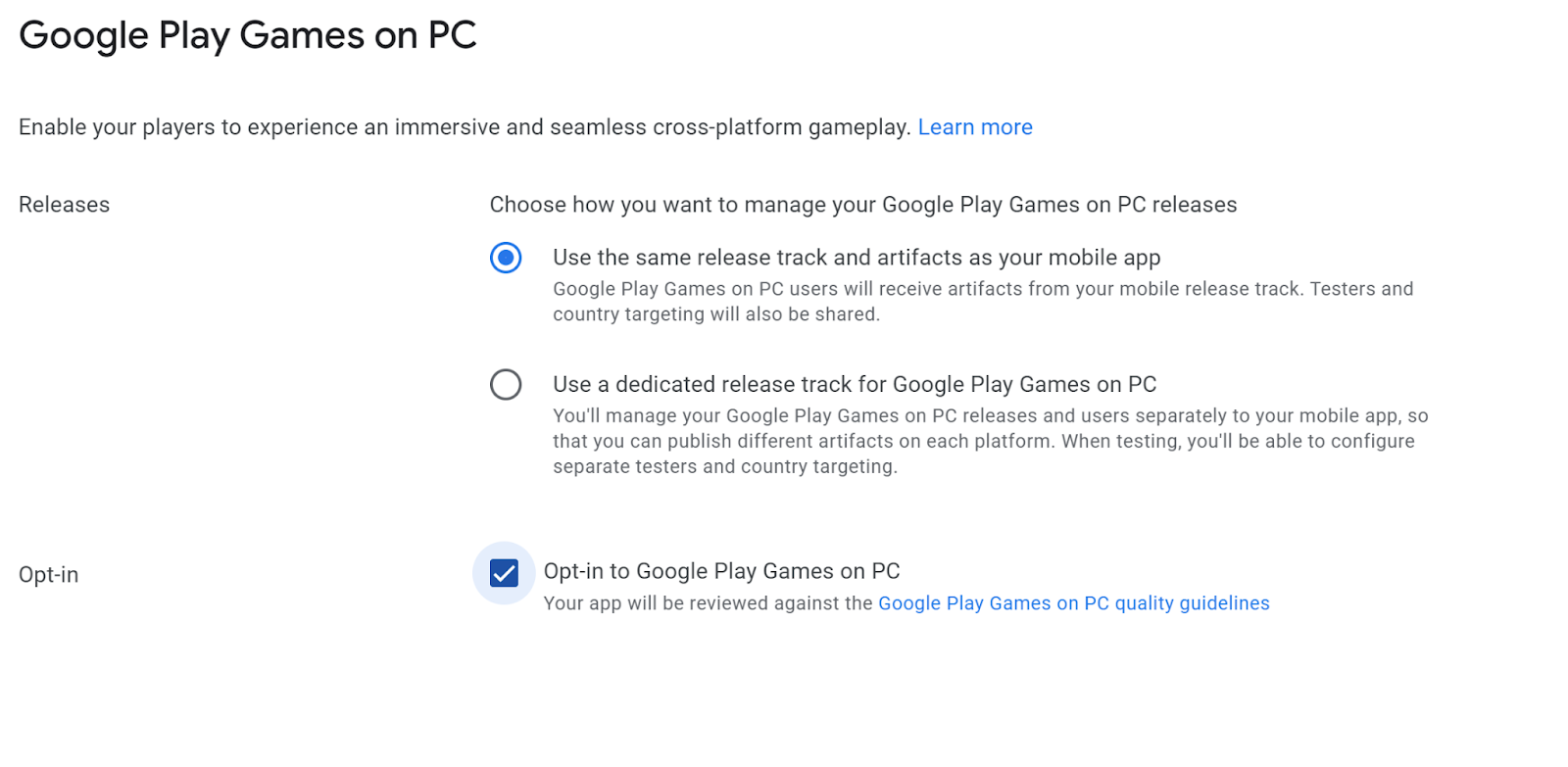 Google Play Games on PC के लिए, खास ट्रैक इस्तेमाल करने या नहीं करने का विकल्प चुनने का स्क्रीनशॉट