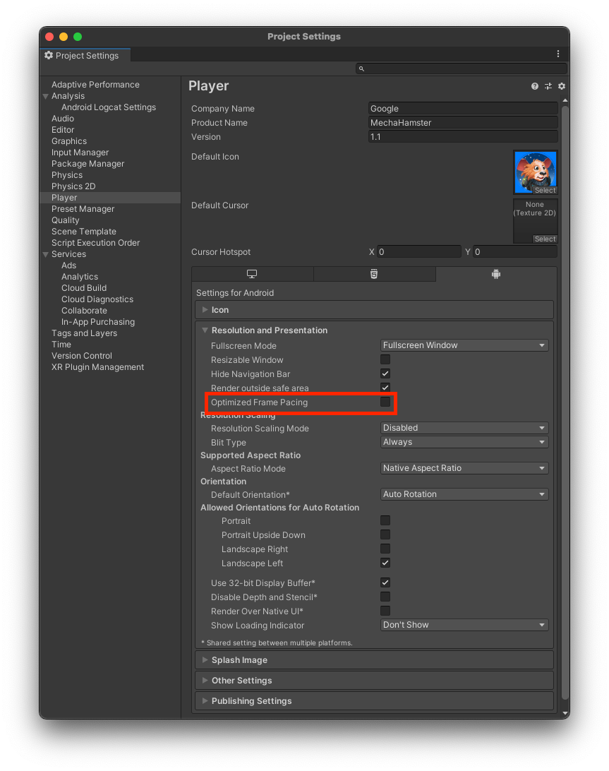 A screenshot of the "Project Settings" window in Unity. The Player category is selected in the left navigation panel, the Android tab is selected in the settings window, and the "Resolution and Presentation" panel is expanded. "Optimize Frame Pacing" is highlighted and the checkbox is empty indicating that it has been turned off.