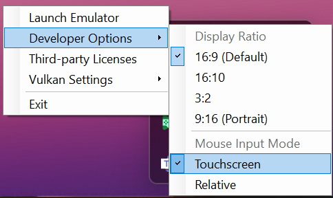A screenshot showing the context menu expanded on the HPE_Dev taskbar icon. The menu option "Developer Options" is expanded, and "Touchscreen" is checked under the "Mouse Input Mode" heading.