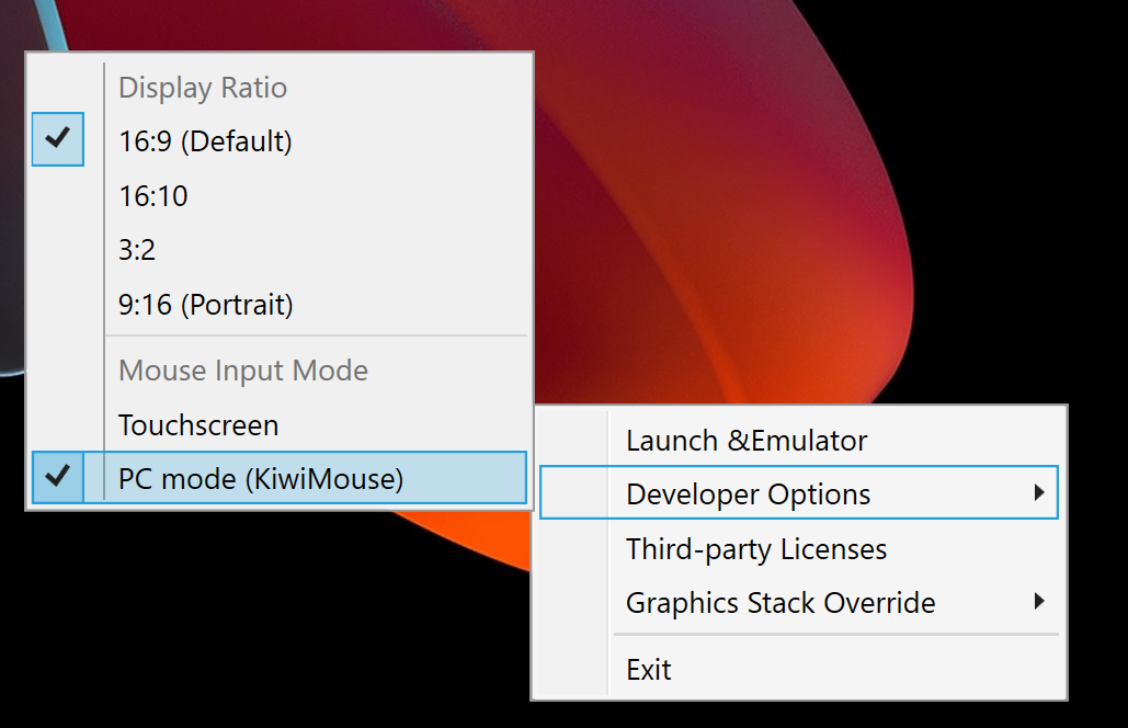 Screenshot of the "PC mode(KiwiMouse)" selected in the context menu