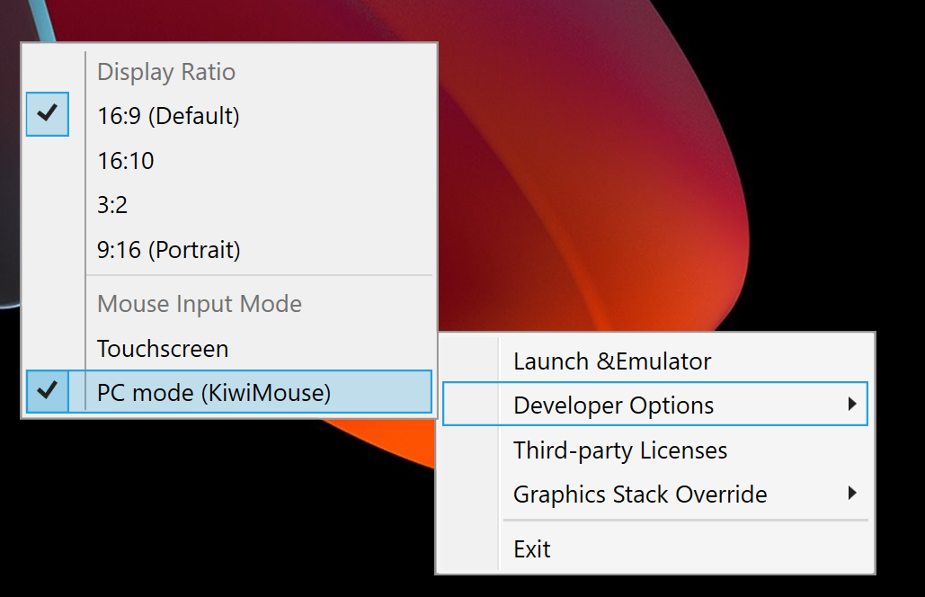 Screenshot von „PC-Modus(KiwiMouse)“ im Kontextmenü ausgewählt
