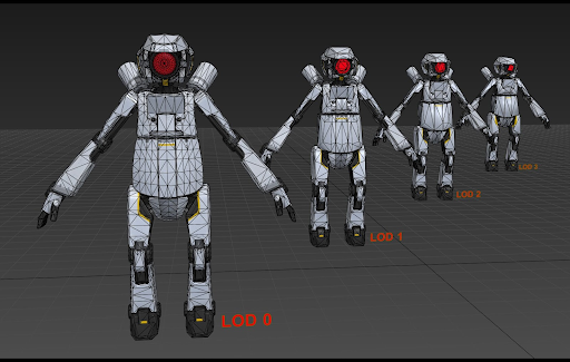 On the left, there's the robot with the most detail and largest number of triangles. To the right, the robot is further away, has less detail, and uses fewer triangles.