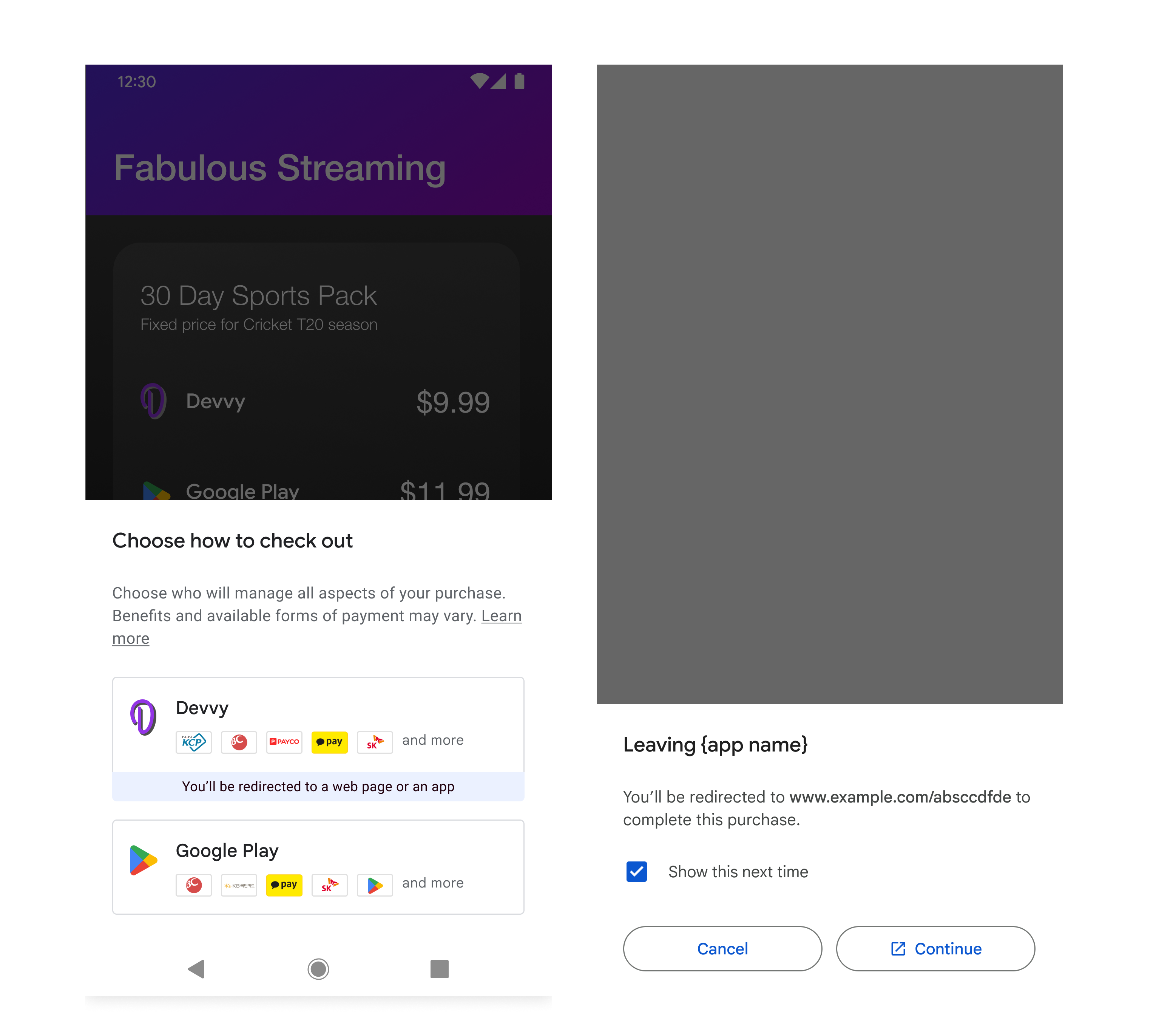 Tela de escolha de faturamento renderizada pelo Google com opção de link da Web externo