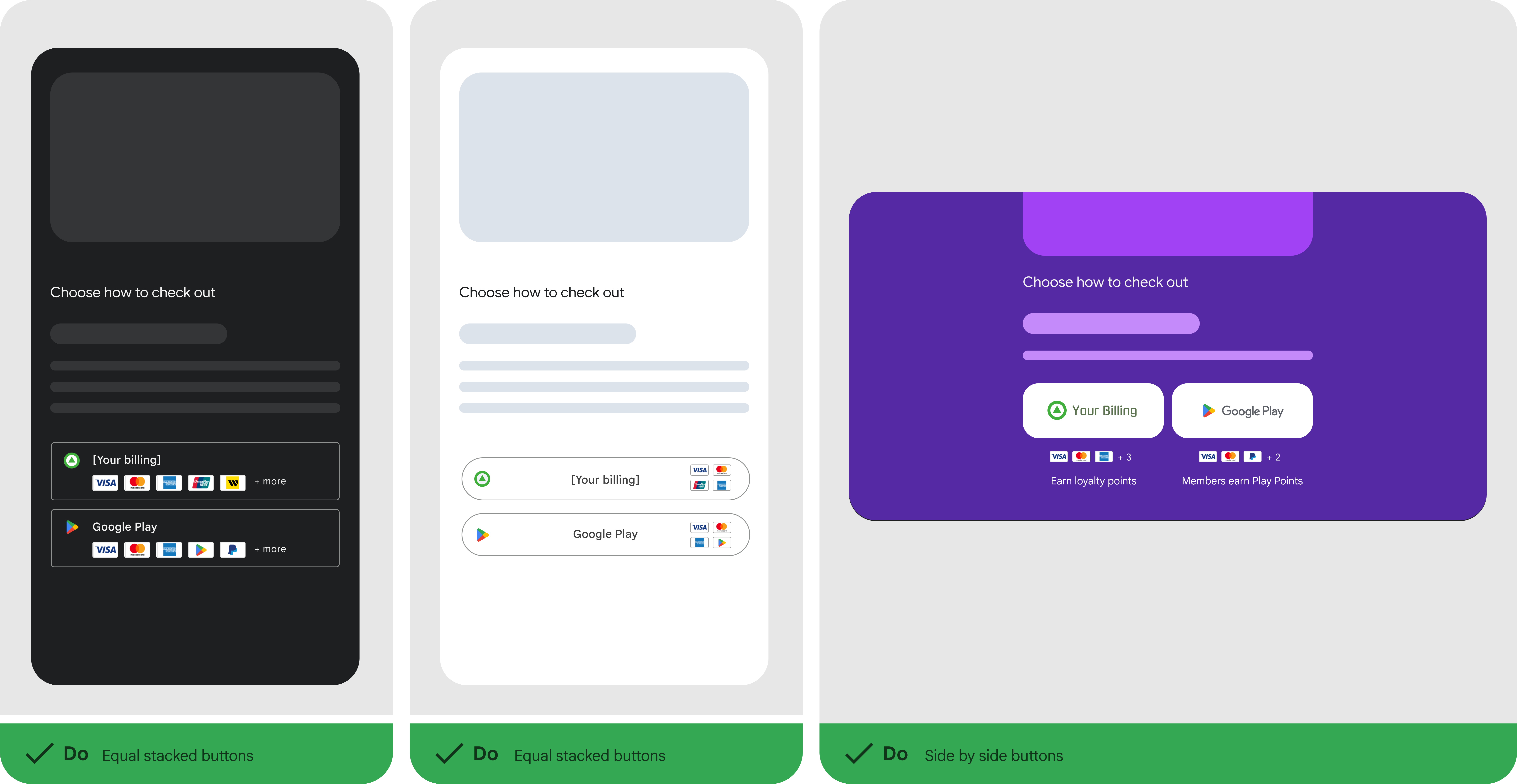 یک صفحه انتخاب رندر شده توسط توسعهدهنده که گزینههایی را برای سیستم پرداخت جایگزین و پرداخت گوگل پلی نشان میدهد.
