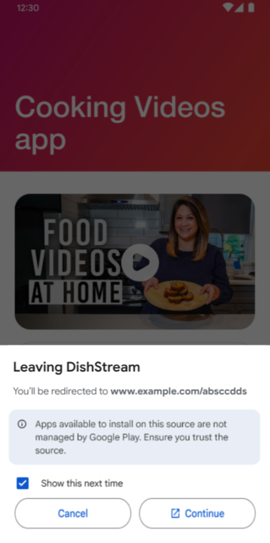 تظهر للمستخدم شاشة معلومات قبل توجيهه إلى خارج التطبيق.