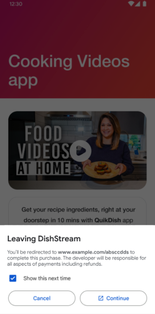 Pengguna akan melihat layar informasi sebelum diarahkan ke luar aplikasi.