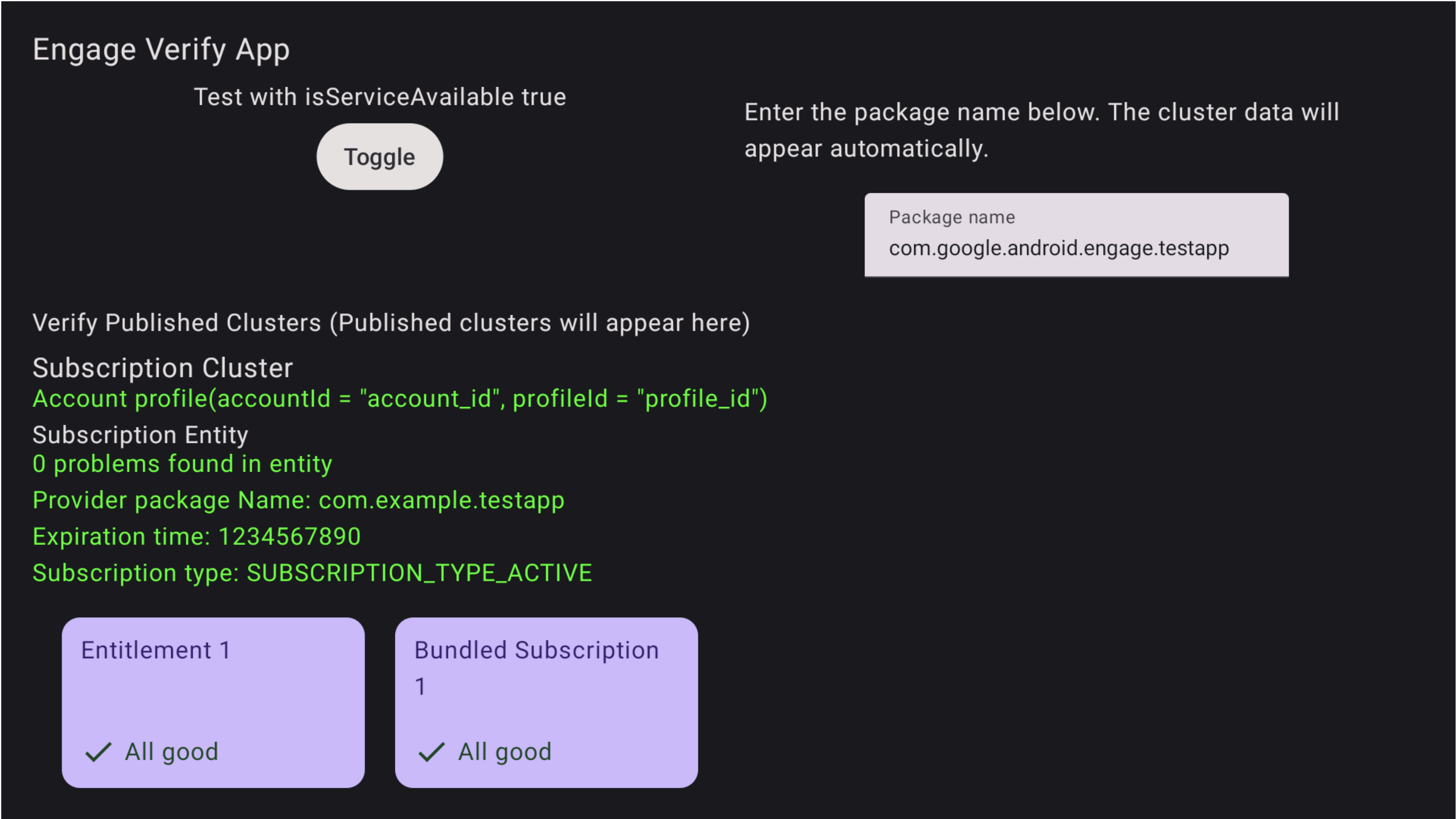 Screenshot della verifica riuscita dell'app