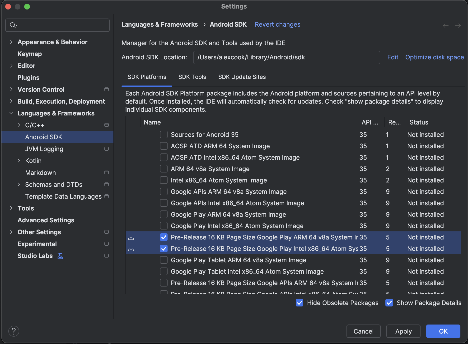 使用 Android Studio 中的 SDK 管理工具下載 16 KB 的模擬器系統映像檔