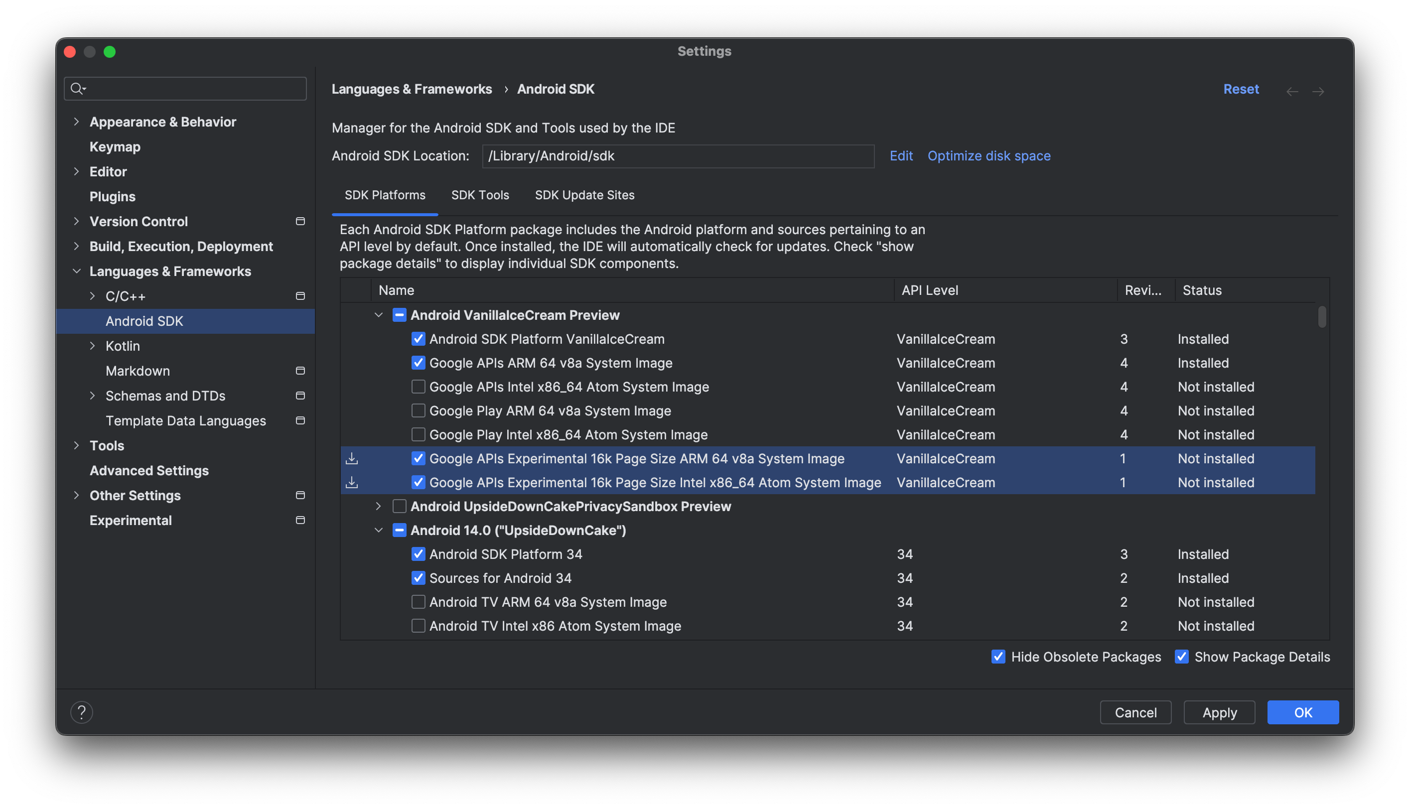 16-KB-Emulatorsystem-Images mit dem SDK-Manager in Android Studio herunterladen