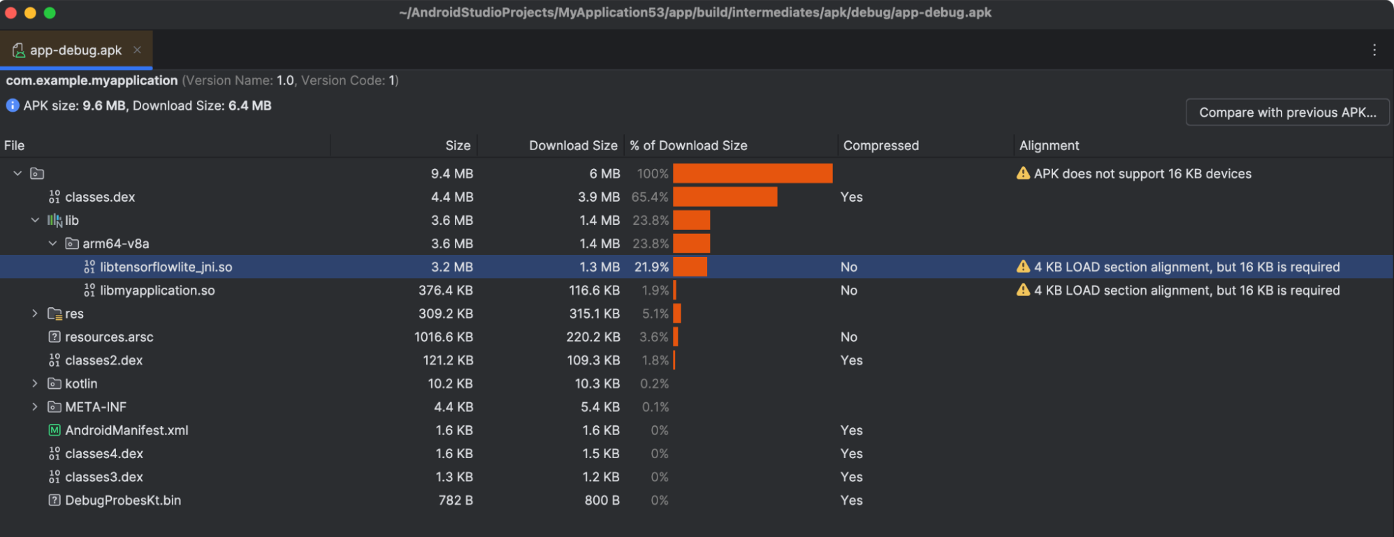 APK Analyzer-Ansicht mit freigegebenen Objektdateien