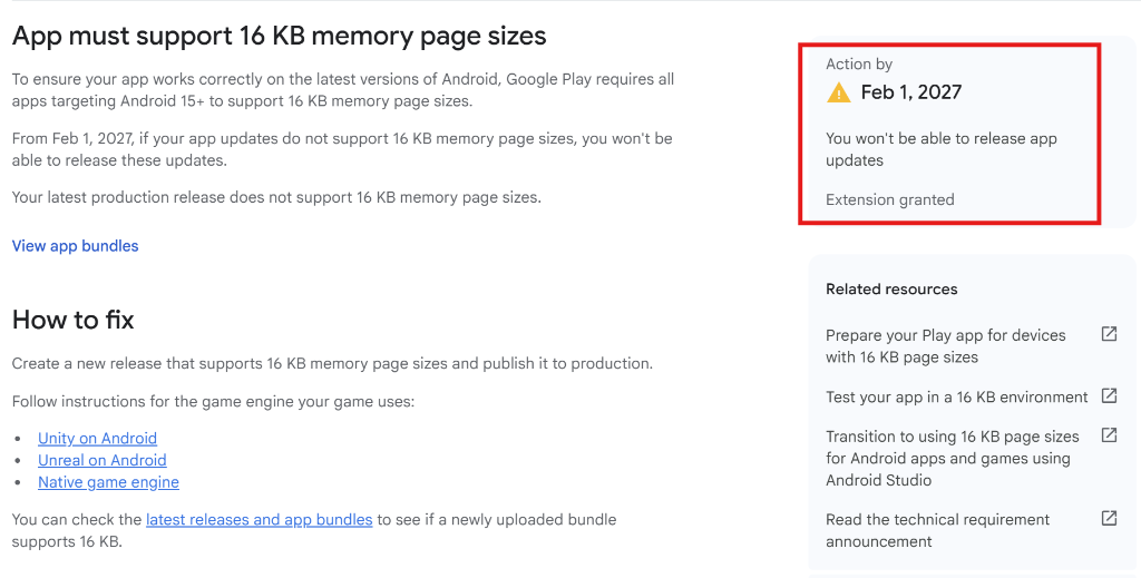 В Google Play Console предупреждают, что обновления приложений должны поддерживать размер страницы памяти 16 КБ к 1 февраля 2027 года.