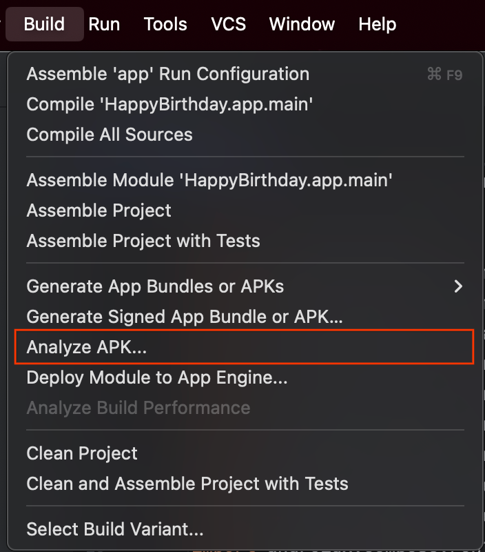 啟動 APK 分析工具的 Studio「Build」選單選項