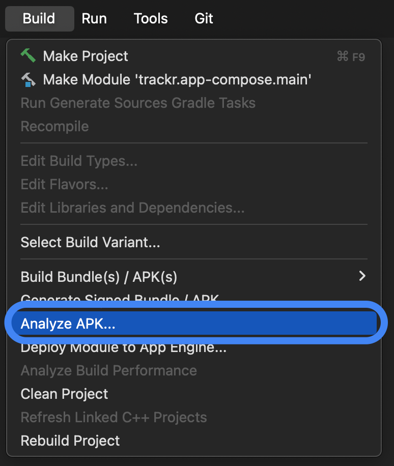 Menüoption zum Starten des APK in Studio-Build
Analysegerät