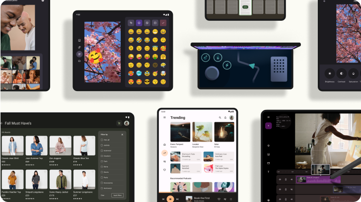 Collage of large screen devices with a variety of layout designs.