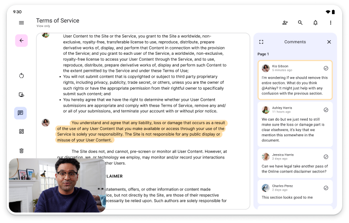 दस्तावेज़ एडिटर, जिसमें खुला हुआ दस्तावेज़ और बदलाव करने के टूल वाला पैनल है.
