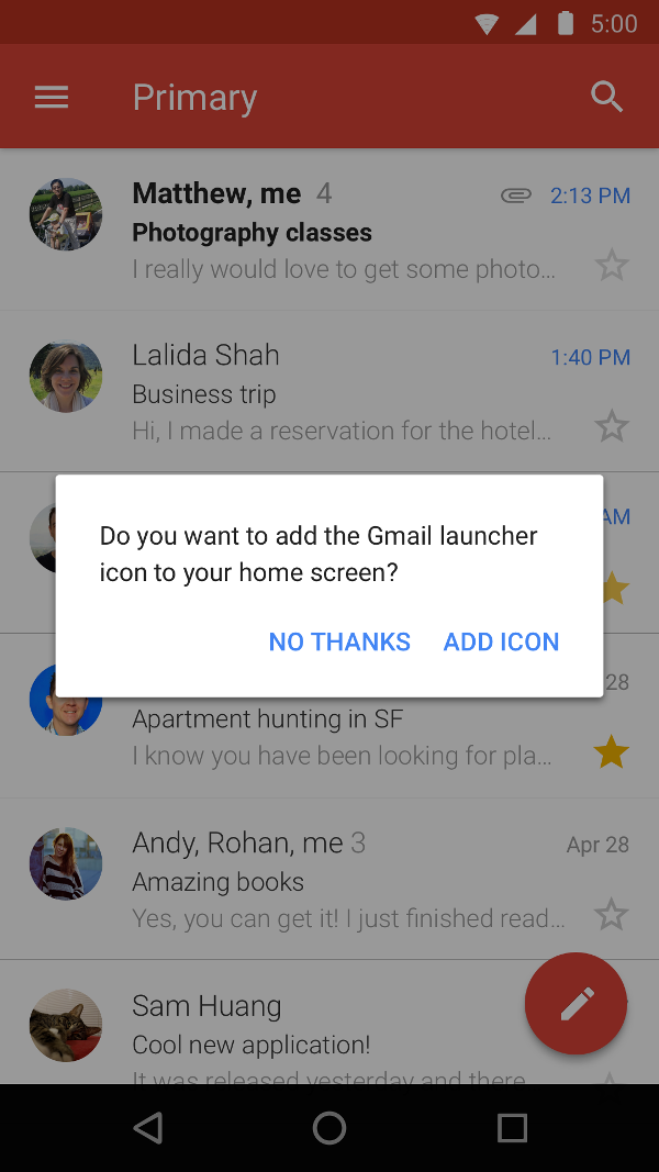 Gambar yang menunjukkan aktivitas dialog kustom yang menampilkan prompt &#39;Do
  Anda ingin menambahkan ikon peluncur Gmail ke layar utama?&#39; Kustom
  opsinya adalah &#39;Lain kali&#39; dan &quot;Add icon&quot;.